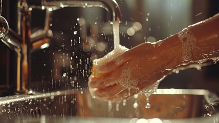Close-up of washing hands with soap under tap - An intimate shot showcasing a person's hands being thoroughly washed with soap and water, focusing on hygiene and health
