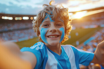 Obraz premium Exuberant boy taking selfie with blue face paint at a football match, feeling excitement and joy