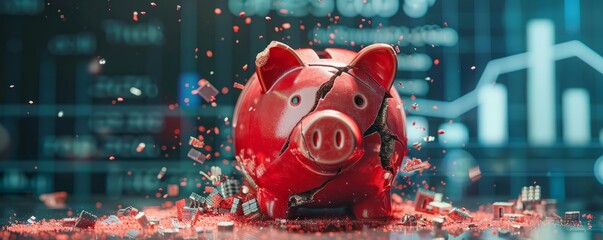 Piggy bank breaking symbolizing financial crisis, bankruptcy, and economic stress. piggy bank with a financial crisis chart behind, illustrating loss and despair
