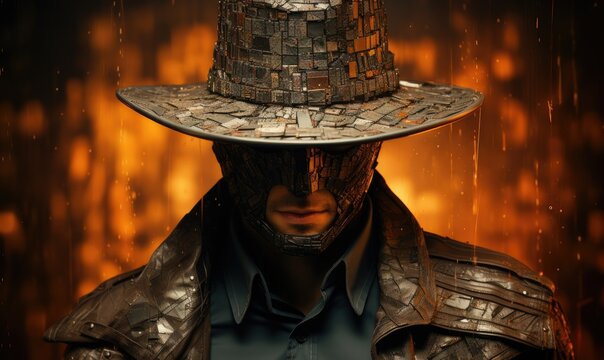 Fantasy Hat Magician with Fire Sparks Flying - Photomanipulated image with a pixelated magician figure in a hat with fire sparks, depicting magic and fantasy