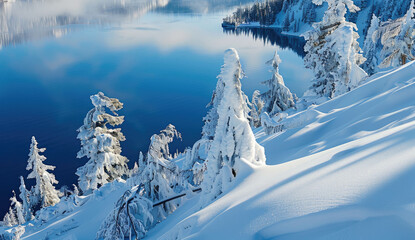 Fototapeta na wymiar Crater Lake in winter, with snow-covered trees around the lake and a blue sky above it, a panoramic view of Mount Scott with its peak visible on the horizon