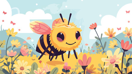 Fototapeta na wymiar Cute bee in a flower field flat cartoon vactor illustration