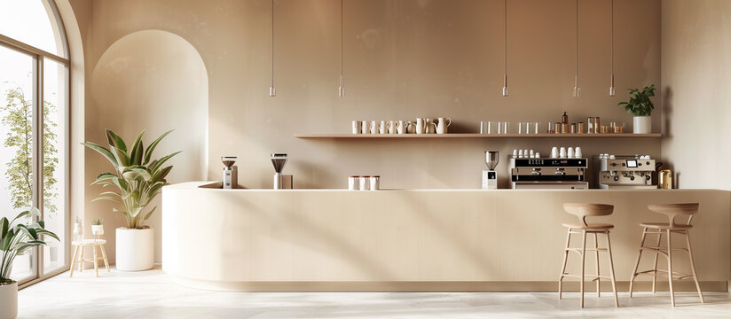 modern cozy interior design of beige color coffee shop cafe with wooden round corner bar 
