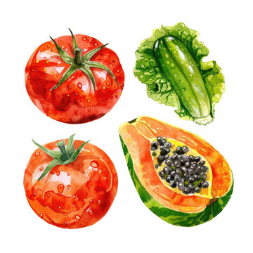 Watercolor painting of colorful vegetables on transparent background