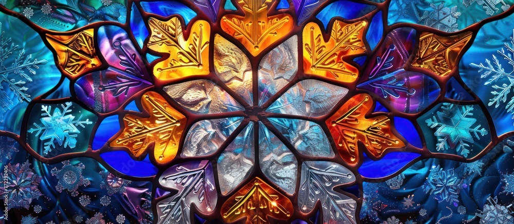 Poster a painting depicting a snowflake made of glass, showcasing intricate details and patterns typical of