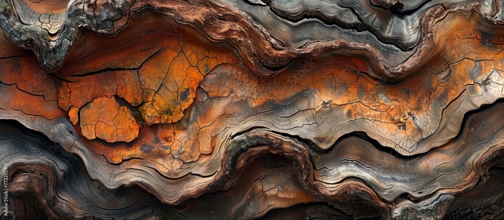 Poster tree trunk displaying vibrant orange and muted gray colors in intricate patterns and textures.
