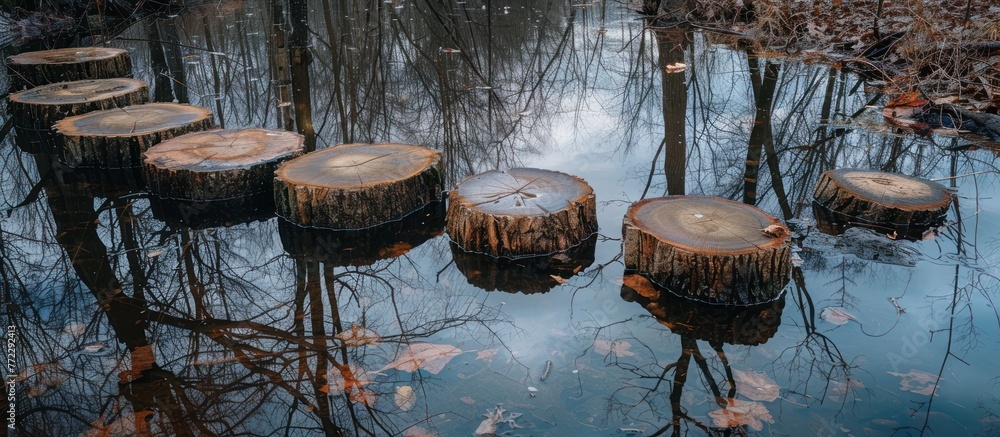 Poster a group of tree stumps with branches sticking out, submerged in water, creating a unique and intrigu