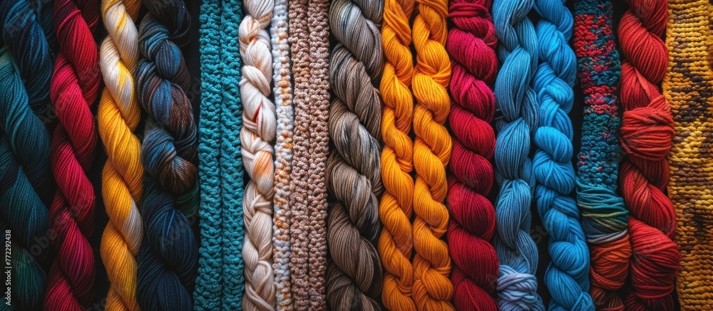 Poster a display of multiple skeins of yarn in various vibrant colors neatly arranged in a row with text sp