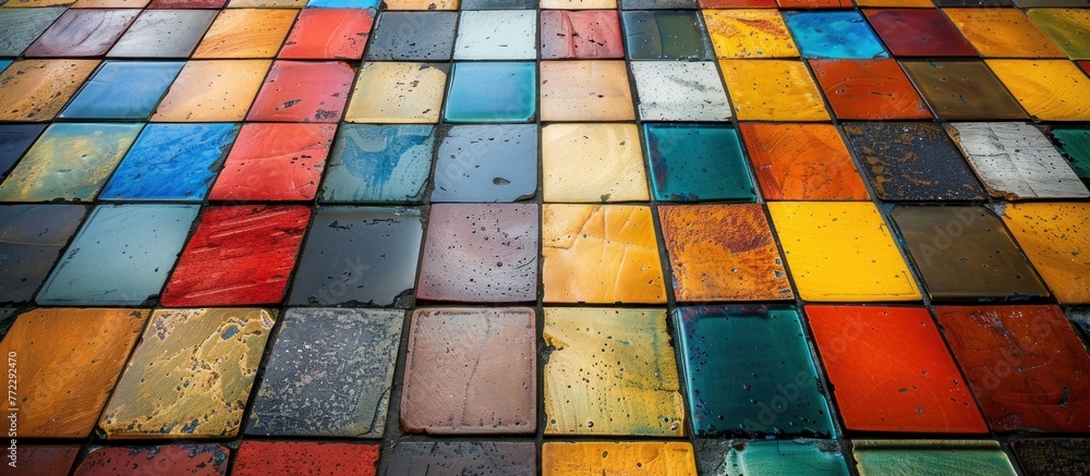 Poster a detailed view of a vibrant wall composed of an assortment of colorful rectangular tiles in various