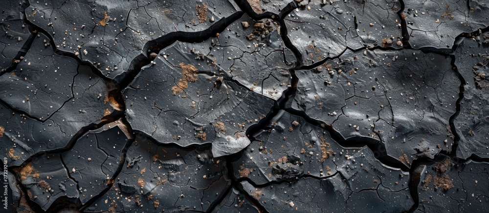 Poster detailed view of the cracked surface of a tree, revealing intricate patterns and textures.
