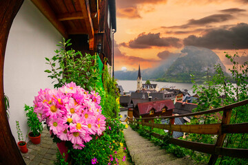 Famous Hallstatt mountain village in the Austrian Alps at sunrise, Austria