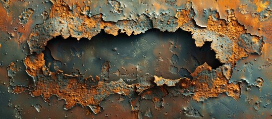 An eroded and weathered rusty metal surface riddled with holes and deterioration, showcasing the effects of corrosion over time. - obrazy, fototapety, plakaty