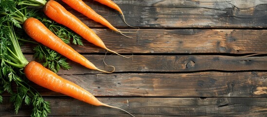 A bunch of fresh organic carrots neatly arranged on top of a rustic wooden table. - obrazy, fototapety, plakaty