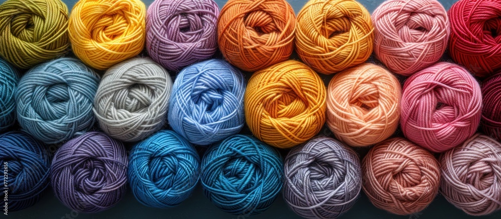 Poster various colorful balls of yarn neatly organized next to each other with space between rows.