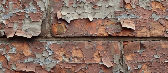 Detailed view of a brown brick wall with peeling paint, showcasing texture and weathered appearance.