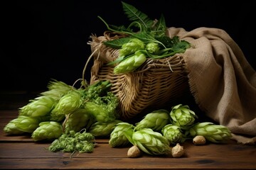 Organic Sack of fresh green hops. Nature leaf food agriculture raw. Generate Ai