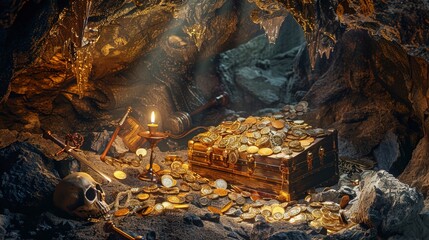 Treasure cave, chest of gold.