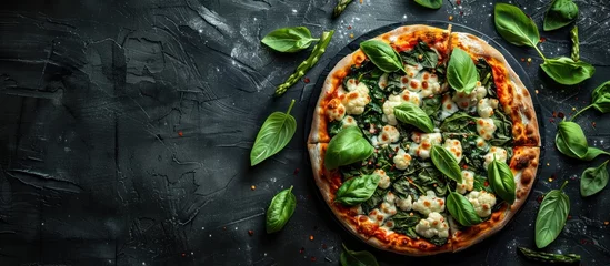 Foto op Canvas A pizza covered with melted cheese and fresh spinach leaves on top, creating a mouthwatering dish. © FryArt Studio