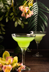 Cold green exotic cocktail with decorated flowers and palm leaves. Tropical vibes.