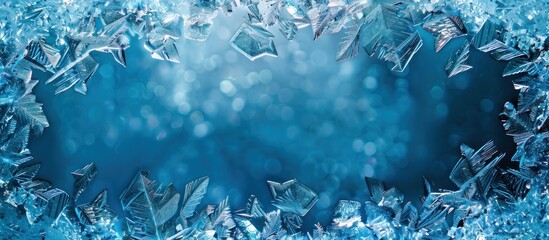 A blue background covered in ice crystals with a frosty crystal border. - obrazy, fototapety, plakaty