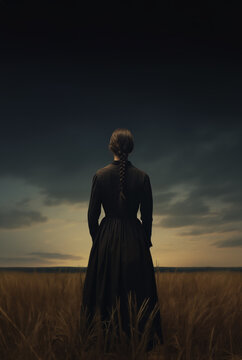 Brunette in Braids. Back view of a pretty young Early American Pioneer woman in a black dress. Cinematic historical romance style. Rear back view. Walking away. Old west, wild west, western