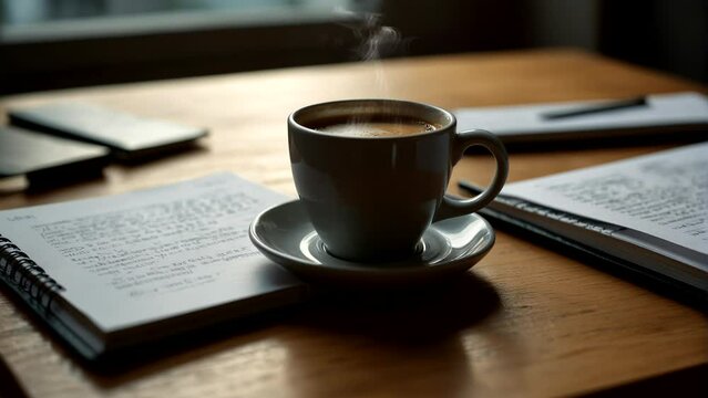 A cup of coffee and a book on the study table summer Seamless looping 4k time-lapse animation video background
