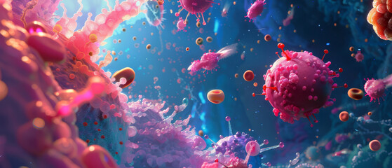 B-cell activation and differentiation scene, brightly illustrated - obrazy, fototapety, plakaty