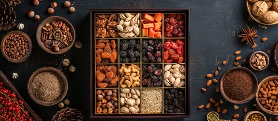 A box clustered with various types of nuts and dried fruits, creating a rich and diverse assortment of snacks.
