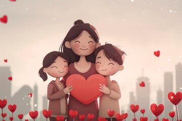 Woman and Two Children Holding Heart