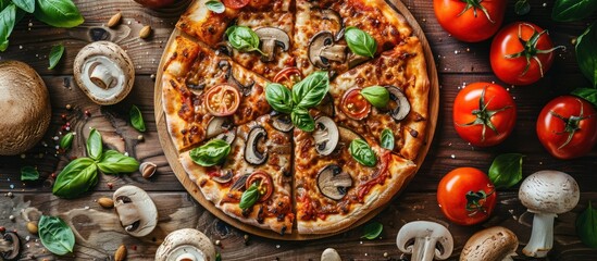 A nutritious vegan pizza topped with sliced veggies and mushrooms, sitting on a wooden table.