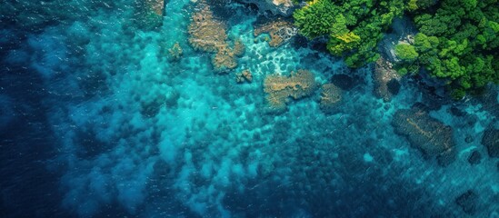 Fototapeta na wymiar An aerial perspective of the ocean with visible coral reefs and lush green trees along the coastline.