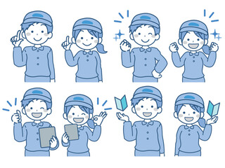 作業着を着た男子・女子のバストアップ　セット 3