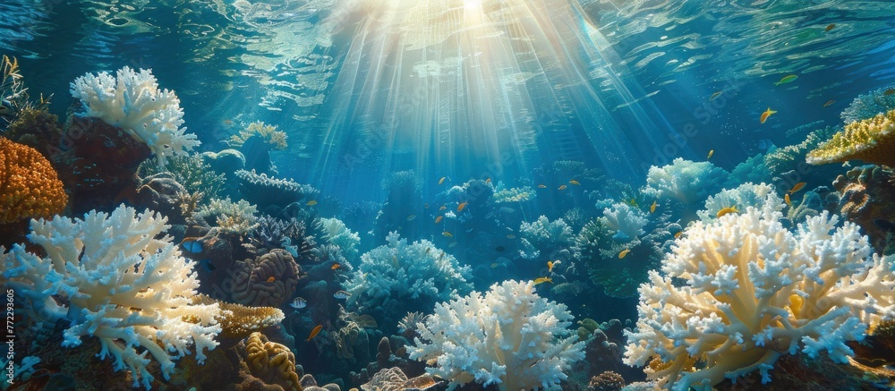Poster a view of a coral reef in the ocean with sunlight filtering through the water, illuminating the intr