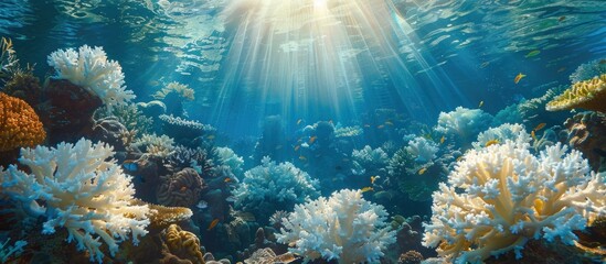 A view of a coral reef in the ocean with sunlight filtering through the water, illuminating the intricate white coral structures.