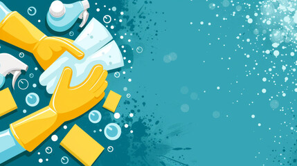 Fototapeta premium Colorful Illustration of Cleaning Supplies and Soap Bubbles on Blue Background