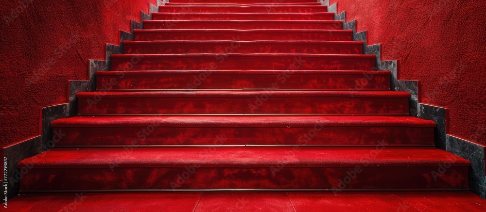 Poster a set of red stairs with a red carpet lead up to a matching red wall, creating a visually striking c