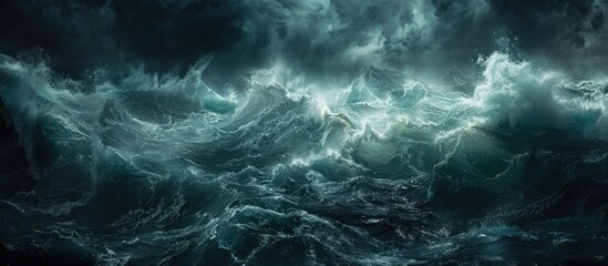 A large wave in the ocean is depicted in this artwork, capturing the powerful force as it crashes and churns in the tempestuous waters. - obrazy, fototapety, plakaty