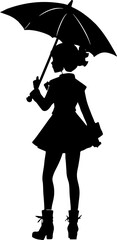 simple black contour drawing of a girl with an umbrella, isolated element