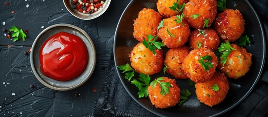 A black plate topped with deep fried potato balls filled with melted mozzarella cheese, alongside a bowl of ketchup. - obrazy, fototapety, plakaty