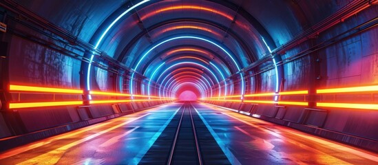 A long tunnel is adorned with bright neon lights, leading the eye to a train track disappearing into the distance.