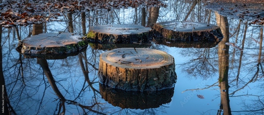 Poster A cluster of trees partially submerged in water, with reflective tree stumps and sticks visible in the water.