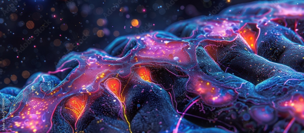 Poster the image shows a close-up view of a purple and red substance, likely a result of golgi staining on 