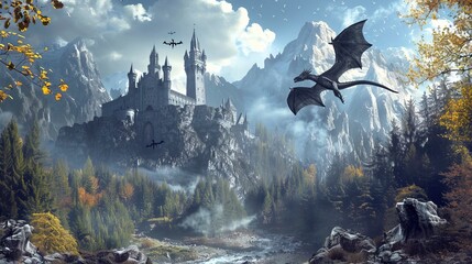 Fantasy mountain landscape, castle in the mountains, flying dragon. - obrazy, fototapety, plakaty