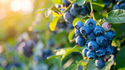 Garden with blueberries, sunlight. - obrazy, fototapety, plakaty