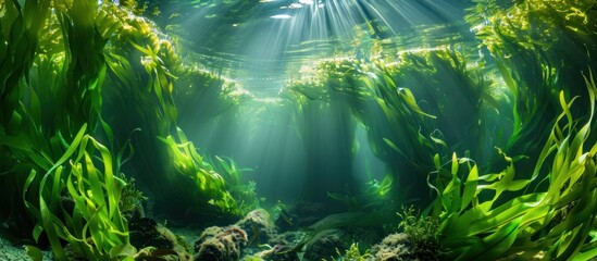 depicts a vibrant underwater scene featuring a lush forest of Macrocystis pyrifera seaweed swaying gently in the currents, creating a unique habitat for marine life.