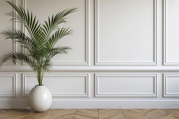 Fototapeta na wymiar White classic wall background, brown parquet floor, home furniture detail, frame and vase of plant - generative ai