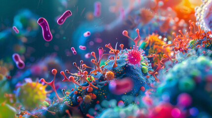 Fototapeta na wymiar Colorful portrayal of the gut microbiome’s interaction with immune cells
