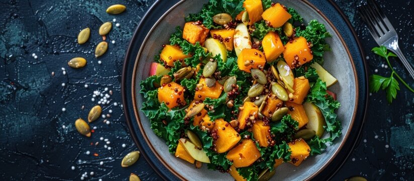 A plate filled with autumn salad, kale, roasted squash seeds, and apple slices. A fork and a knife are placed next to the plate.