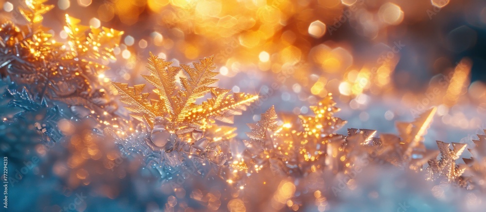 Poster a macro shot capturing the intricate details of snowflakes settled on a windowpane, reflecting light
