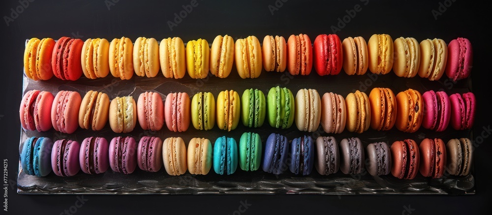 Poster a colorful display of macaroons lined up in a rainbow pattern, showcasing a variety of flavors and c